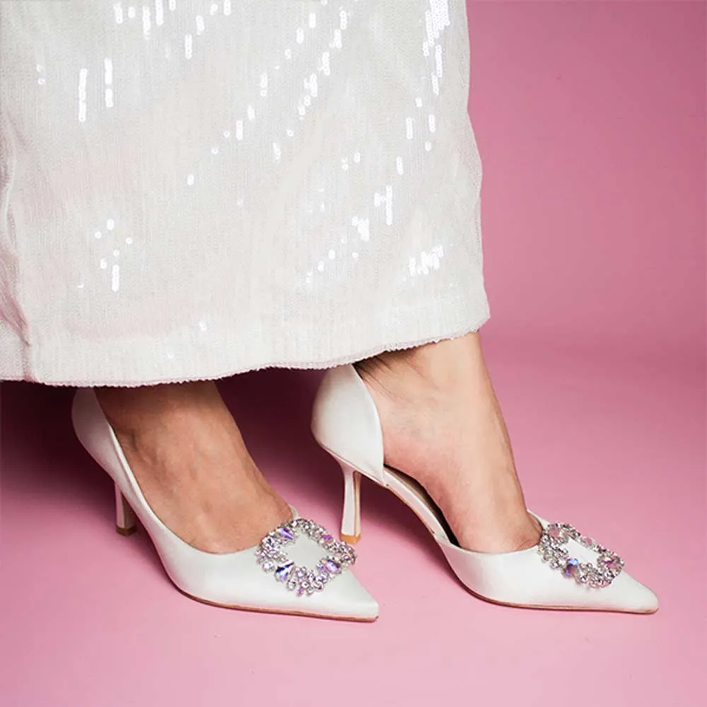 Astoria White Satin | Embellished Pump