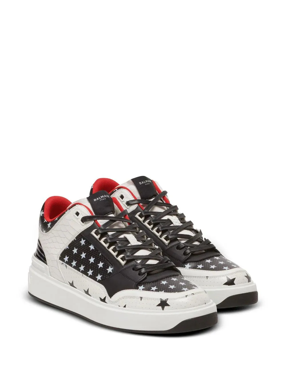 Balmain B-Court Mid Top Star Print Leather Trainers Black/White