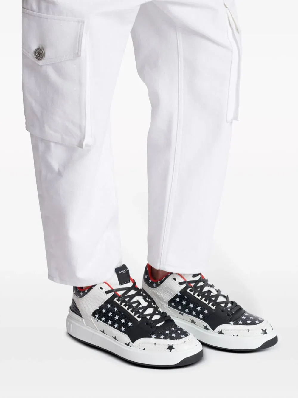 Balmain B-Court Mid Top Star Print Leather Trainers Black/White