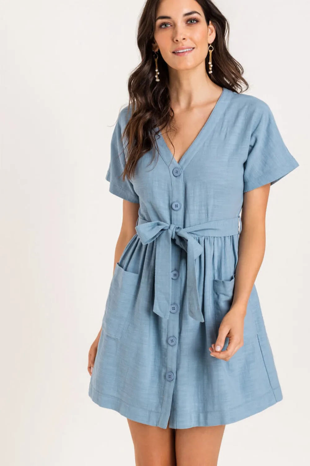 Button Tie Mini Dress, Blue