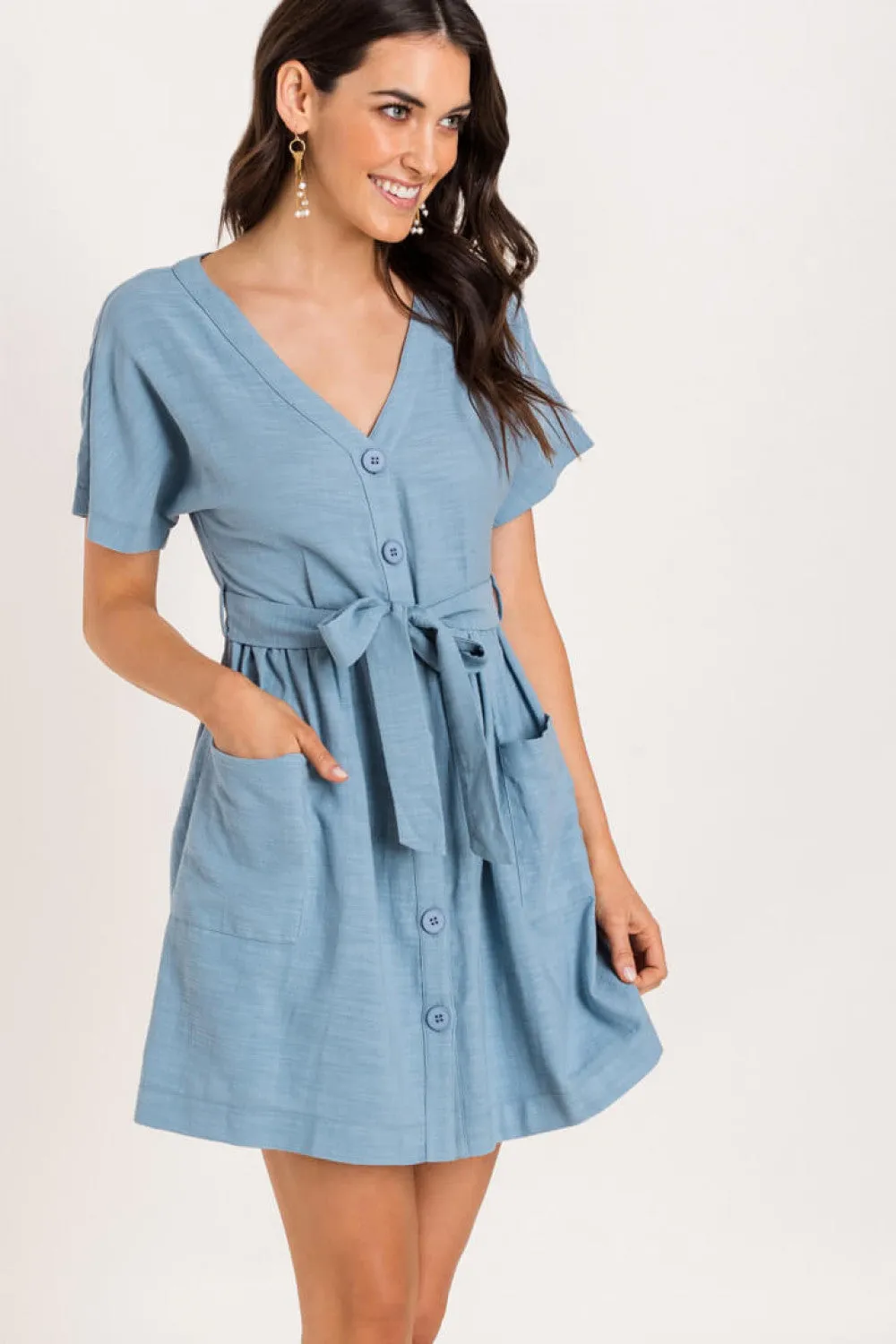 Button Tie Mini Dress, Blue