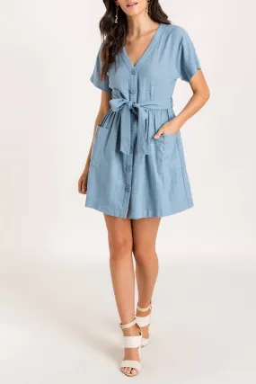 Button Tie Mini Dress, Blue