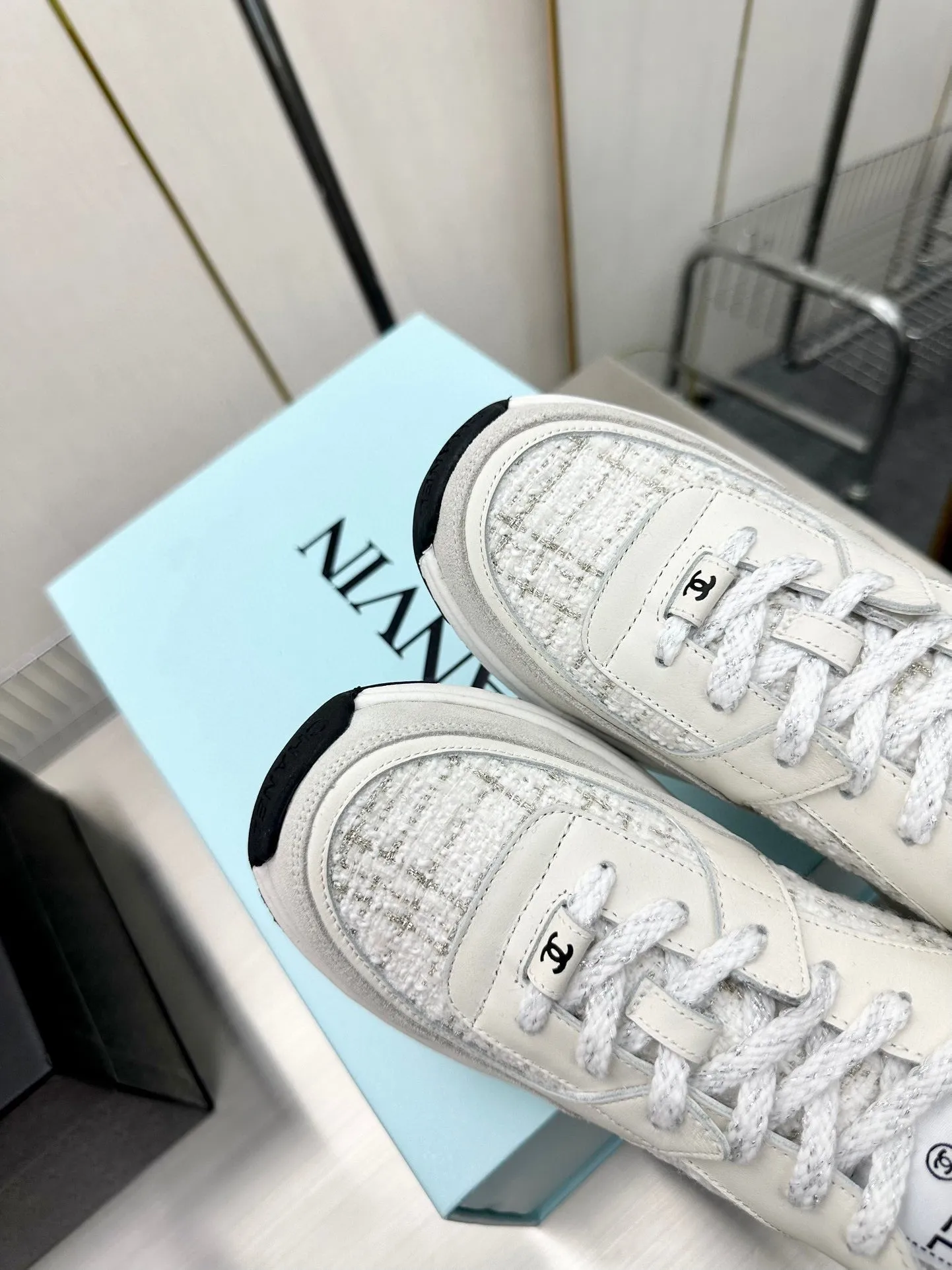 CC TRAINERS TWEED  GREY WHITE CALFSKIN