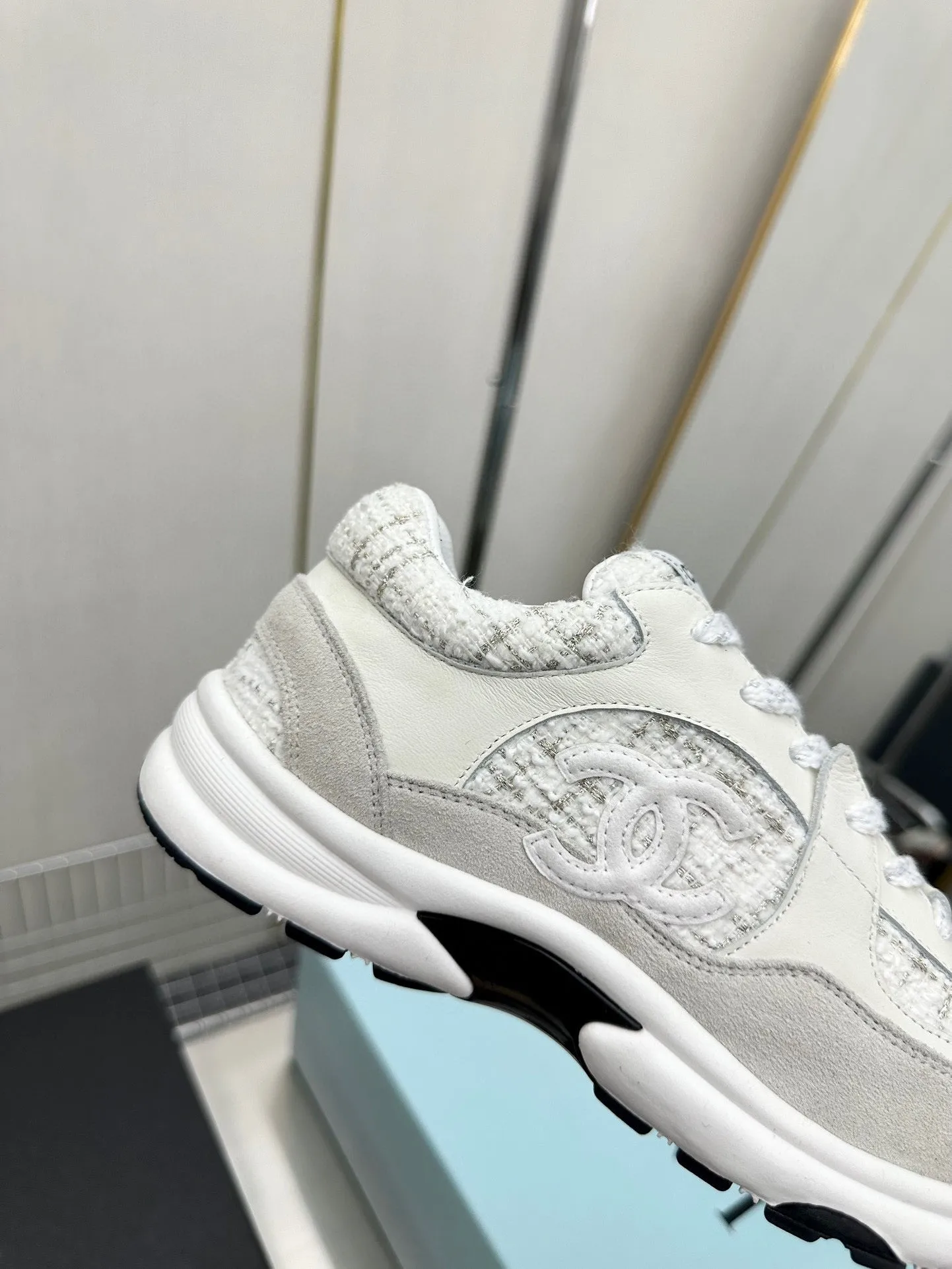 CC TRAINERS TWEED  GREY WHITE CALFSKIN
