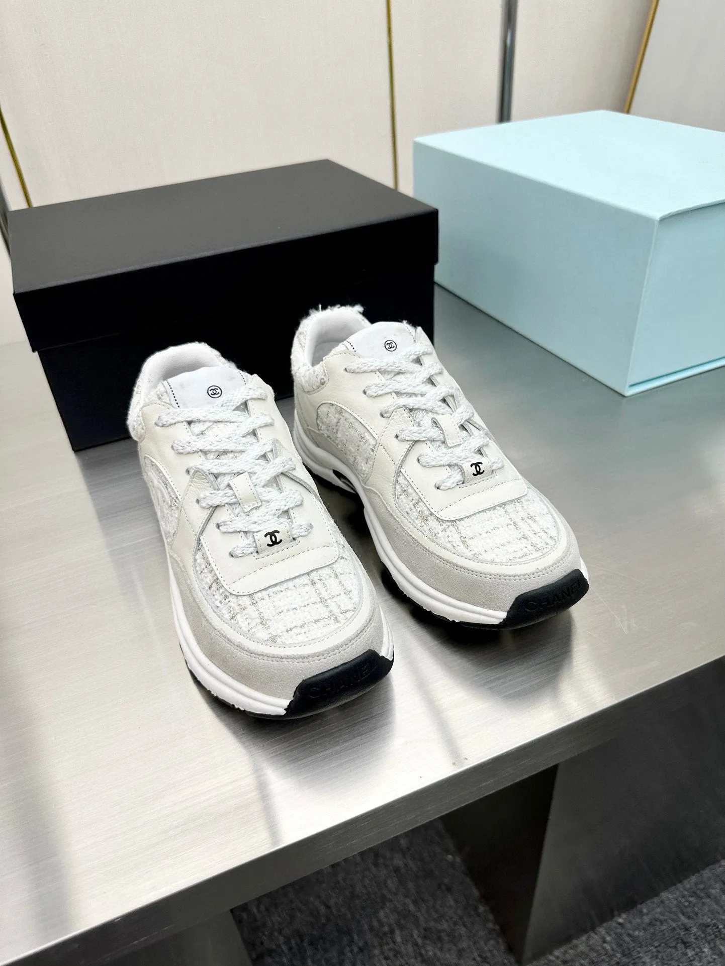 CC TRAINERS TWEED  GREY WHITE CALFSKIN