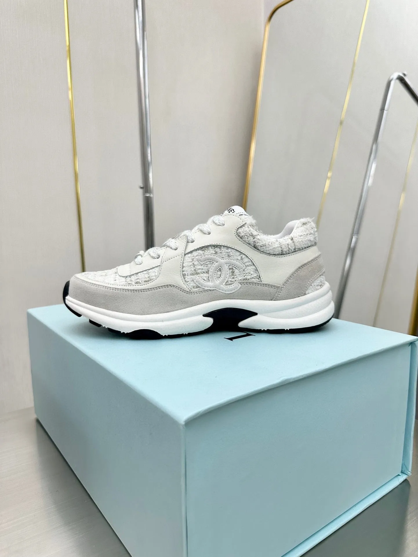 CC TRAINERS TWEED  GREY WHITE CALFSKIN
