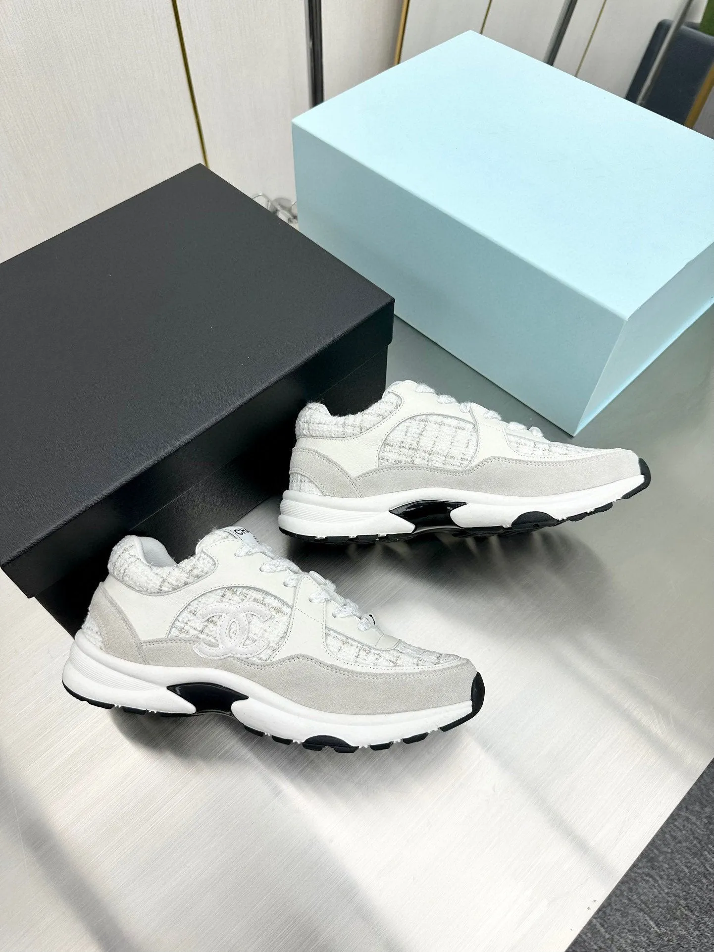 CC TRAINERS TWEED  GREY WHITE CALFSKIN