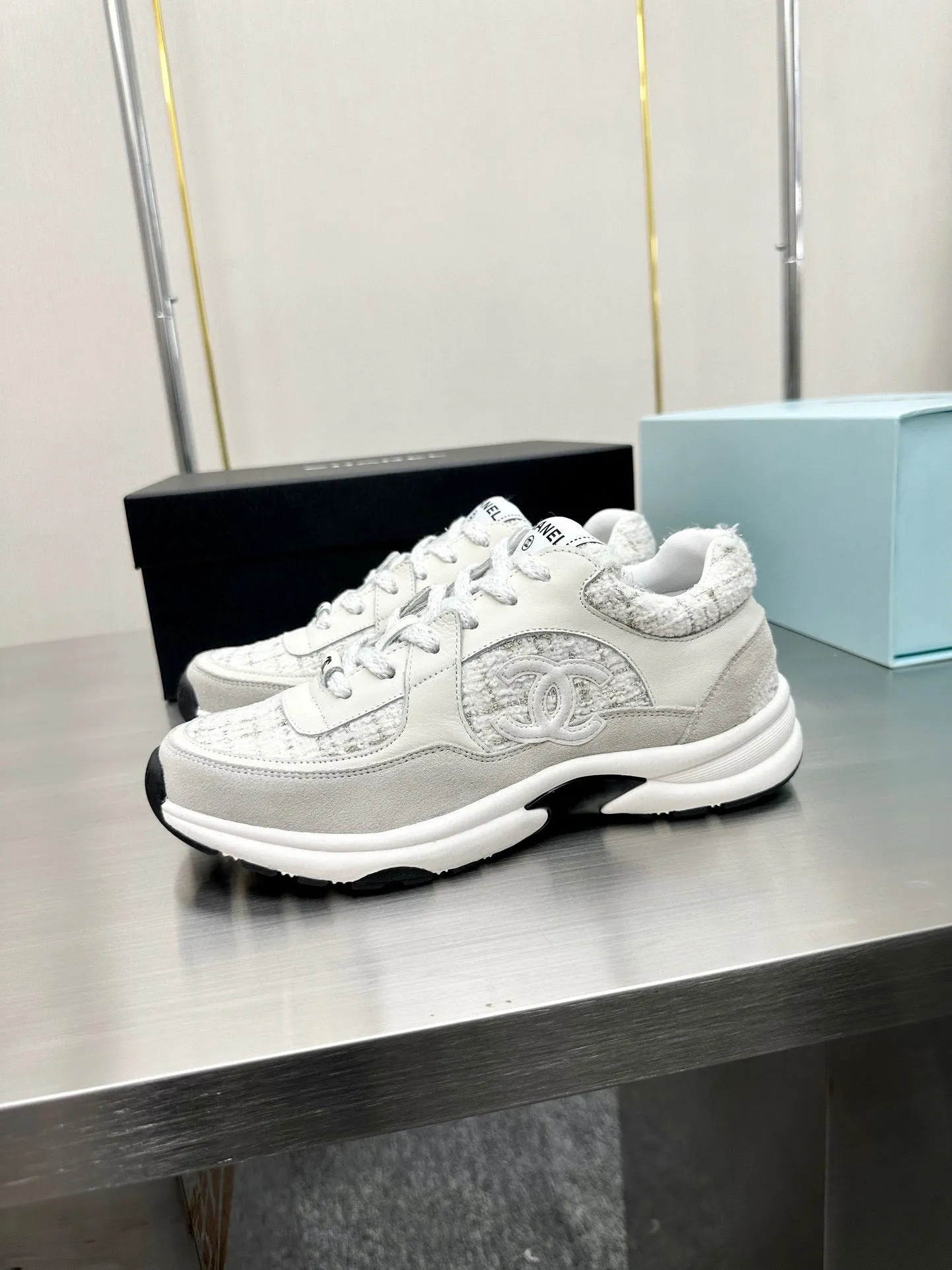 CC TRAINERS TWEED  GREY WHITE CALFSKIN