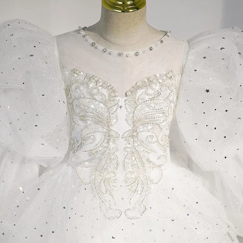 Girls Evening Dress Fashion White Puff Long Sleeve Flower Girl Wedding Dress Puffy Girl Princess Dress