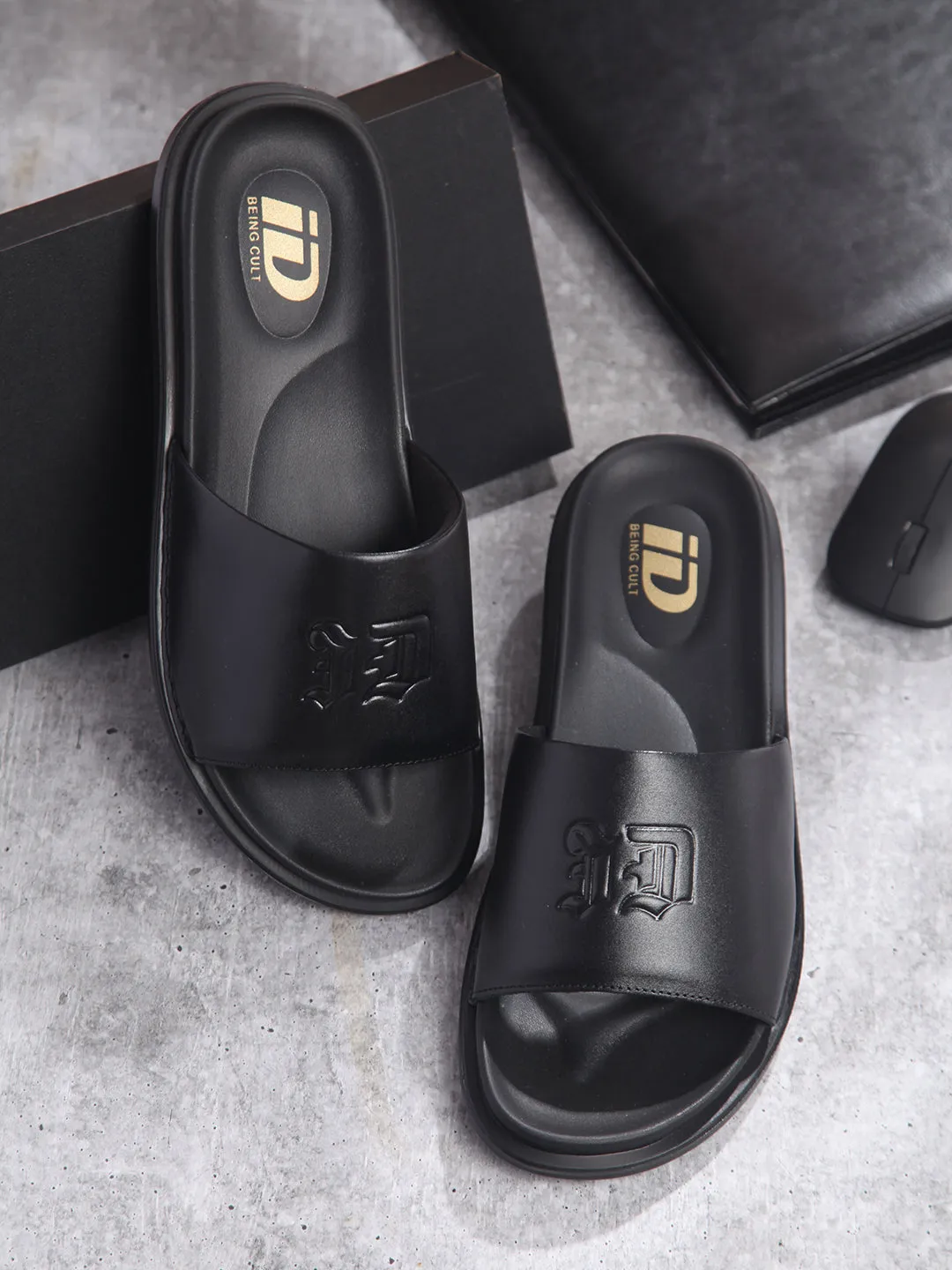 Men's Black Leather Casual Slides (ID4210)