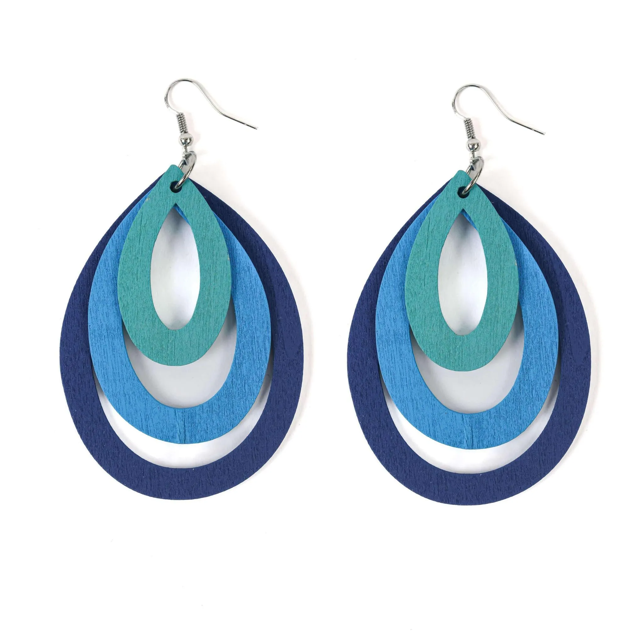 Shades of Blue Triple Oval Wooden Drop Earrings