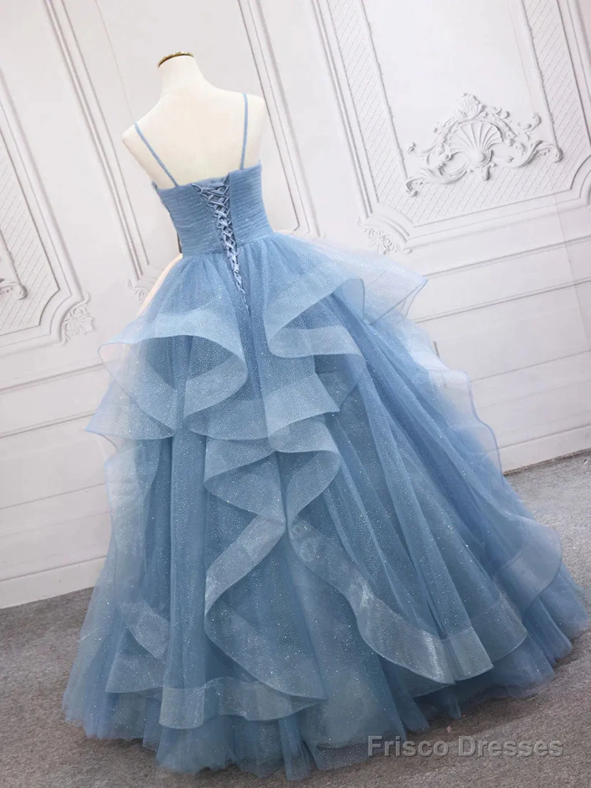 Shiny V Neck Blue Long Prom Dresses, Shiny V Neck Blue Long Formal Graduation Dresses