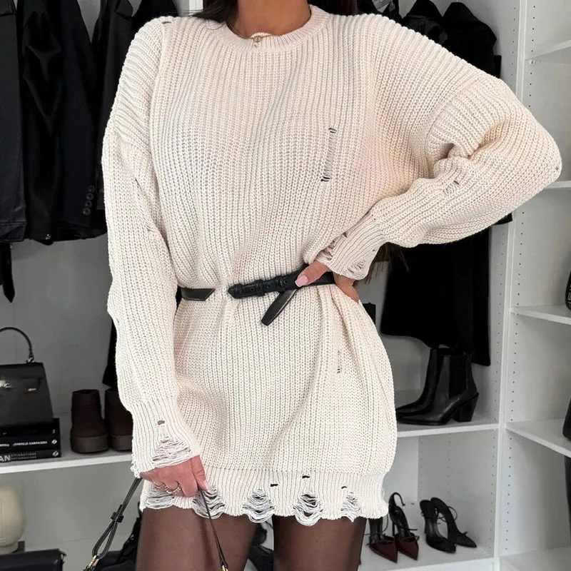 UAKISS  -  Simple High Street Sweater Pullover Winter Women O-neck Solid Color Long Sleeved Sweater Office Casual Tassel Loose Knitted Top