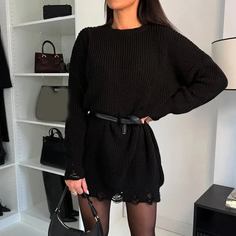 UAKISS  -  Simple High Street Sweater Pullover Winter Women O-neck Solid Color Long Sleeved Sweater Office Casual Tassel Loose Knitted Top