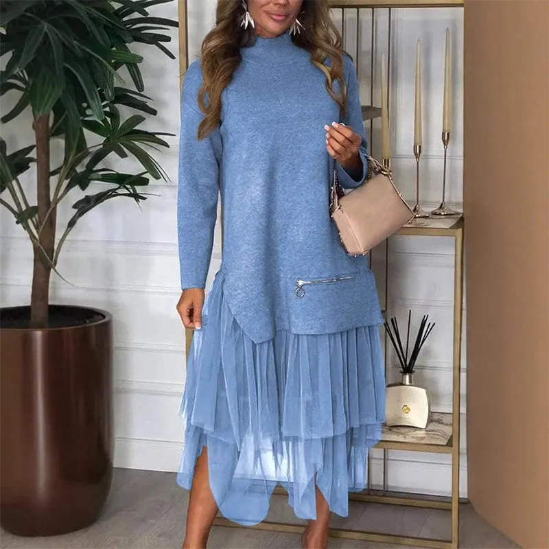 UAKISS  -  Vintage Women's O Neck Long Sleeved Pullover Dress 2024 Fashion Mesh Patchwork Loose Dress New Office Casual Zipper Party Dress