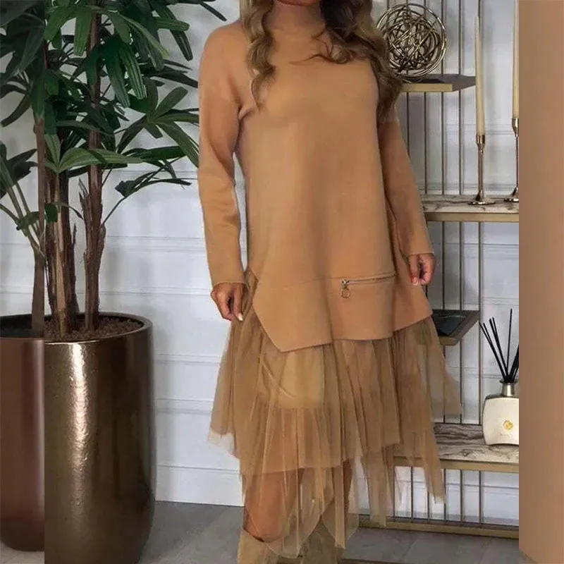 UAKISS  -  Vintage Women's O Neck Long Sleeved Pullover Dress 2024 Fashion Mesh Patchwork Loose Dress New Office Casual Zipper Party Dress