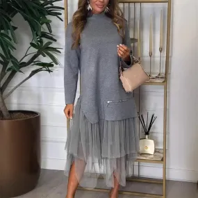 UAKISS  -  Vintage Women's O Neck Long Sleeved Pullover Dress 2024 Fashion Mesh Patchwork Loose Dress New Office Casual Zipper Party Dress