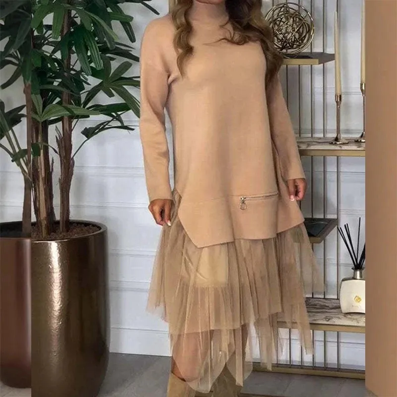 UAKISS  -  Vintage Women's O Neck Long Sleeved Pullover Dress 2024 Fashion Mesh Patchwork Loose Dress New Office Casual Zipper Party Dress