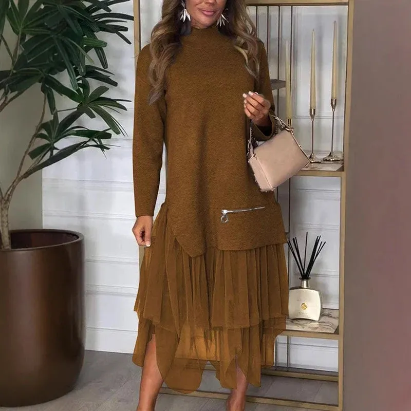 UAKISS  -  Vintage Women's O Neck Long Sleeved Pullover Dress 2024 Fashion Mesh Patchwork Loose Dress New Office Casual Zipper Party Dress
