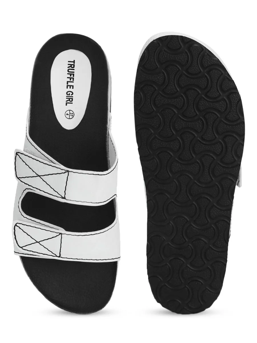 White PU Slips Ons With Front Straps