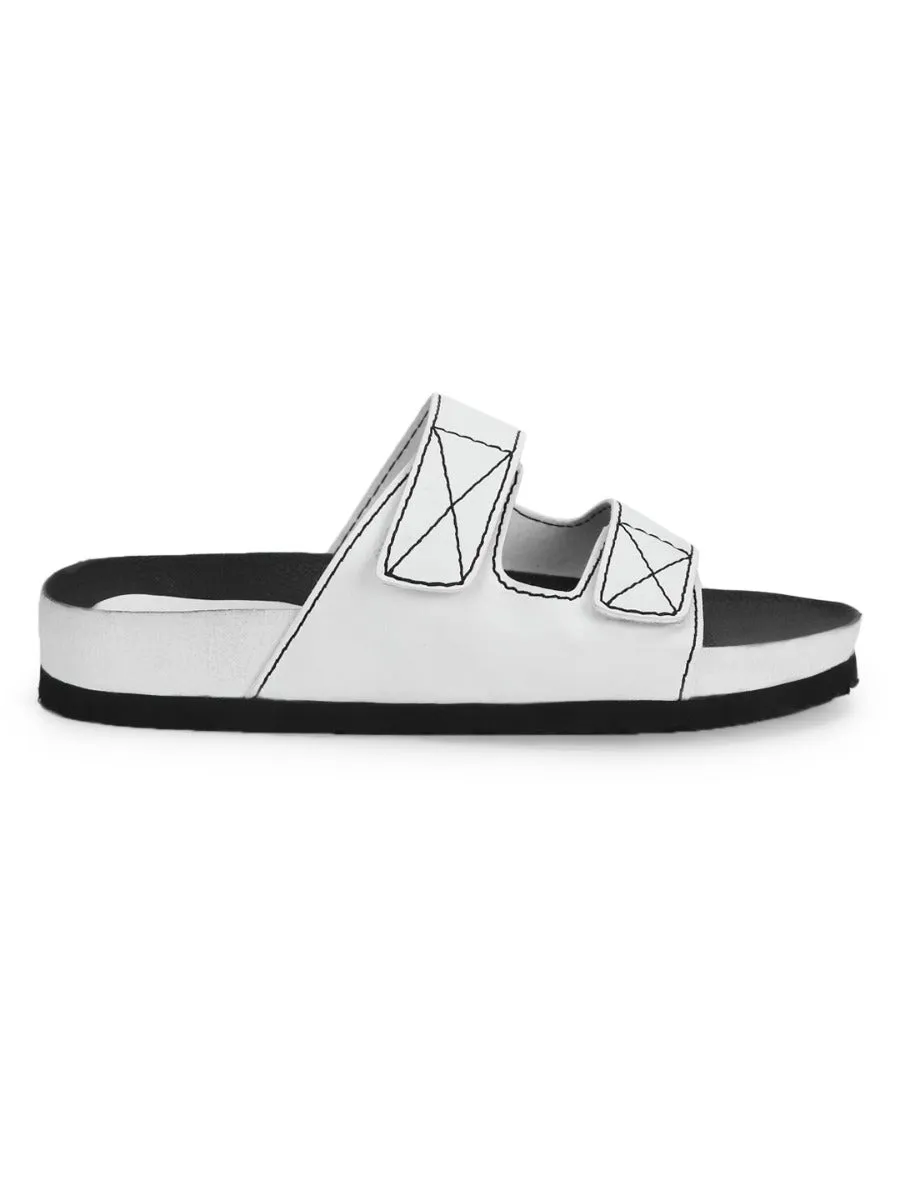 White PU Slips Ons With Front Straps