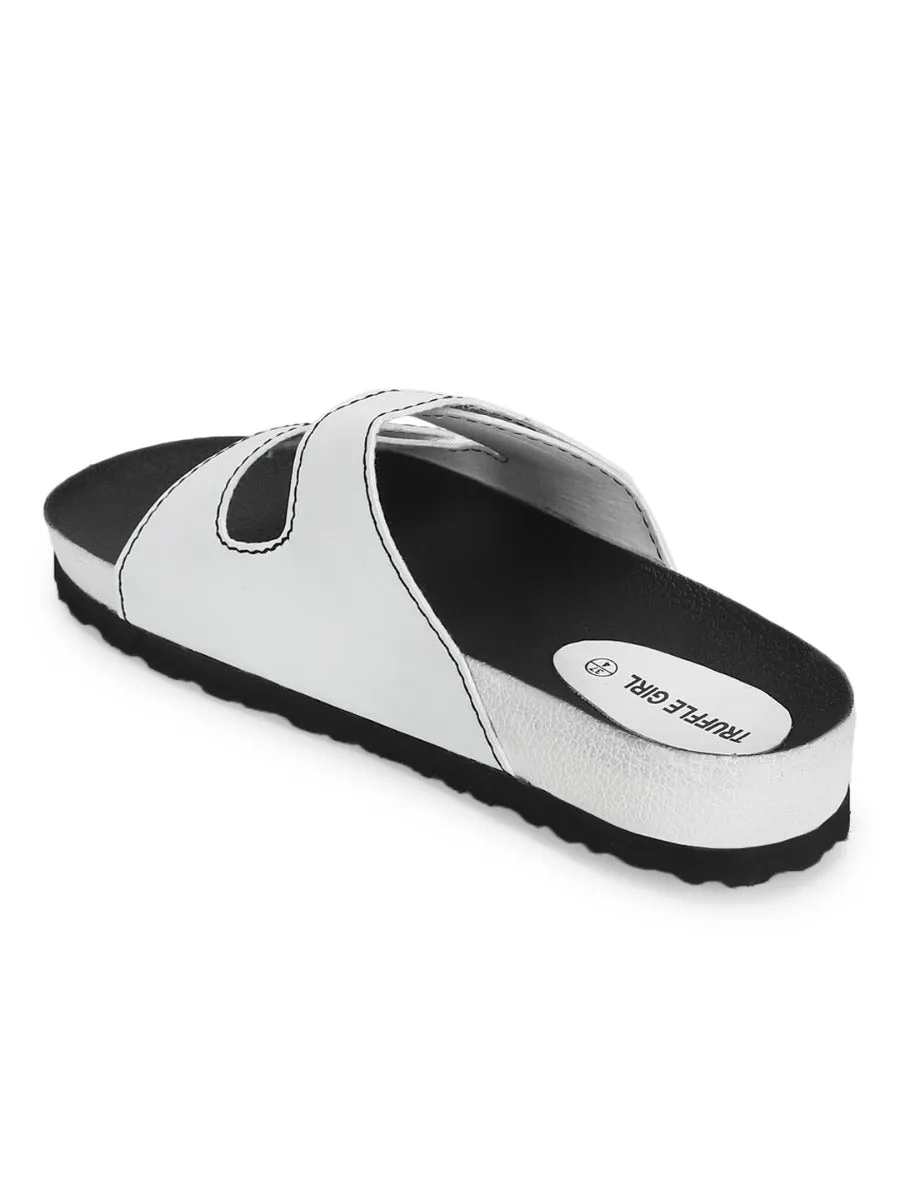 White PU Slips Ons With Front Straps