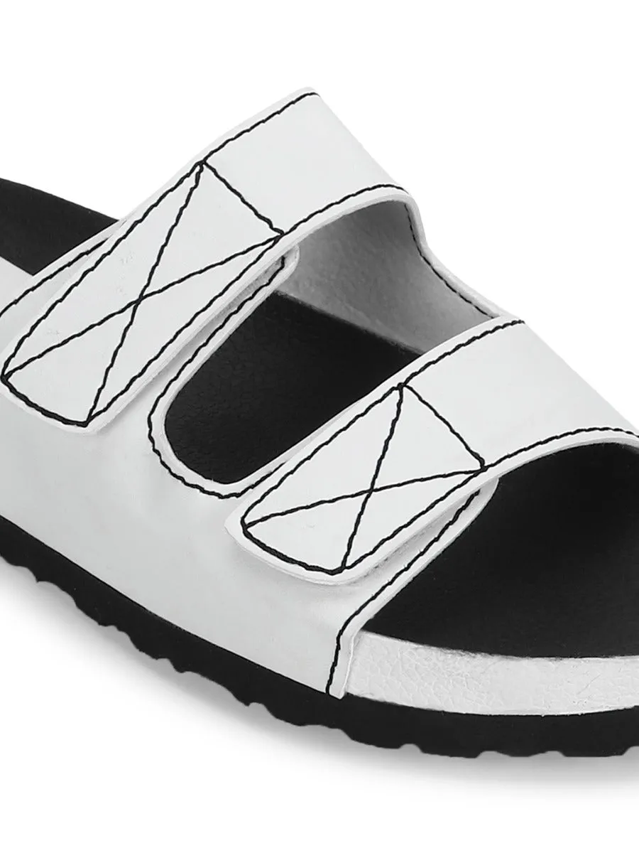 White PU Slips Ons With Front Straps