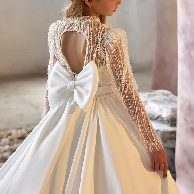 White Wedding Pearl Elegant Satin Flower Girl Dress