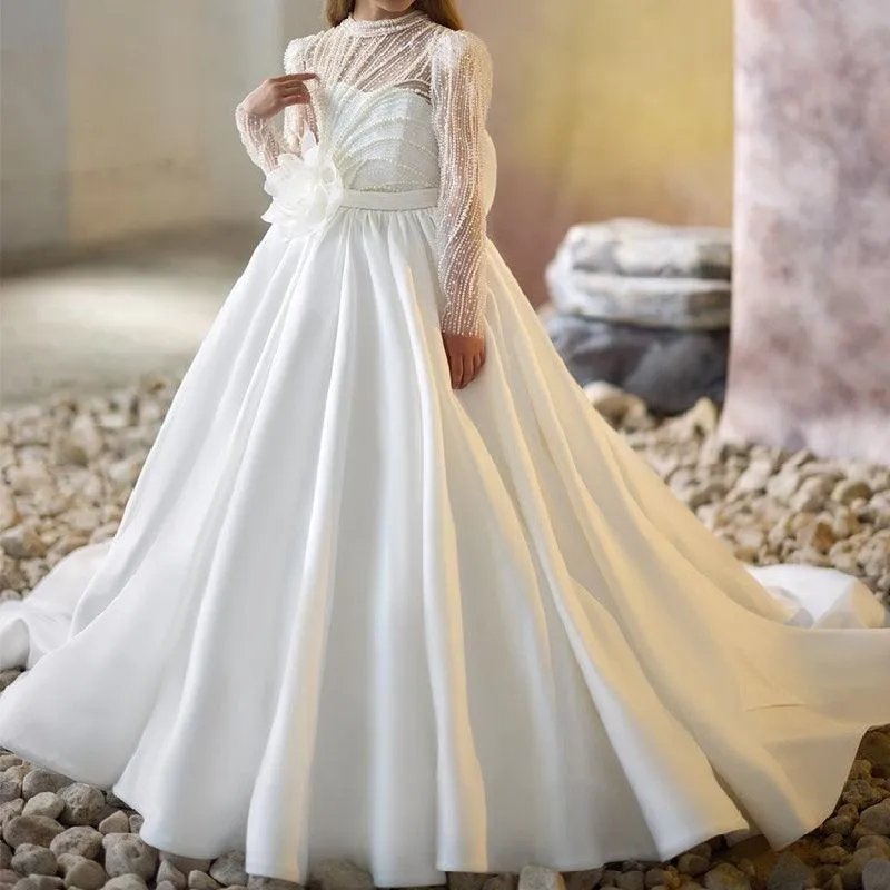 White Wedding Pearl Elegant Satin Flower Girl Dress
