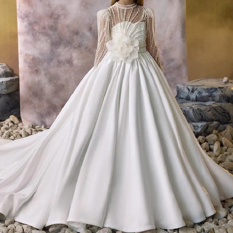 White Wedding Pearl Elegant Satin Flower Girl Dress