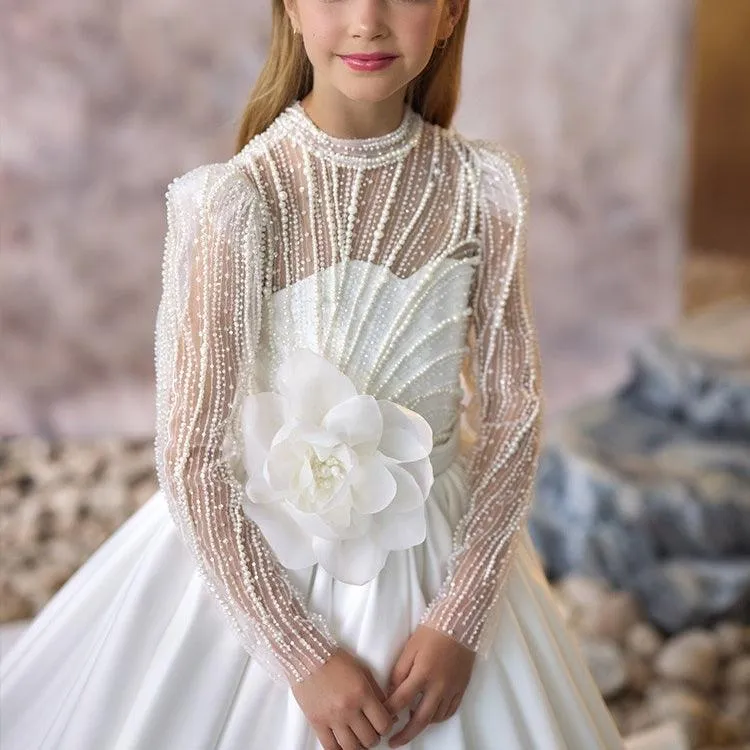 White Wedding Pearl Elegant Satin Flower Girl Dress