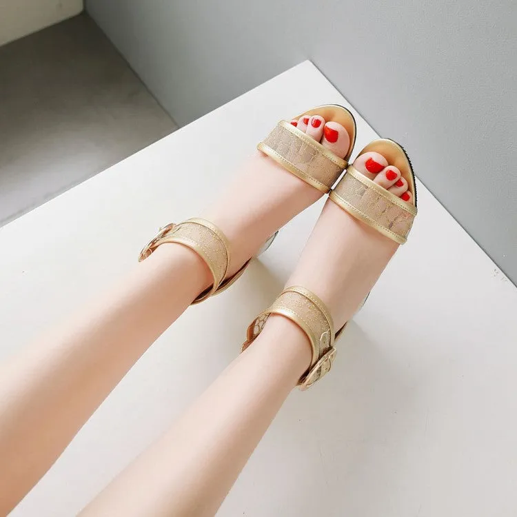 Women's's Glossy Mesh Ankle Wrap Metal Block Heels Sandals